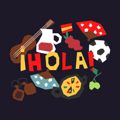 Spanish Culture Icons Set with Hola Typography Vector Illustration © sahil