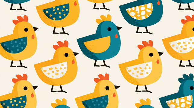 Cute Colorful Chicken and Hen Seamless Pattern on Cream Background