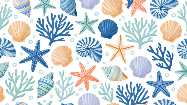 Coastal Seashell, Starfish and Coral Seamless Pattern in Soft Blue and Orange Colors