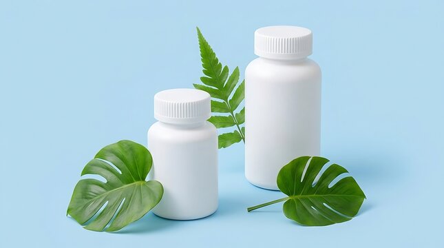 Two white blank supplement bottles with fresh green monstera leaves on vibrant light blue background for natural health product branding and wellness marketing mockups in professional studio shot