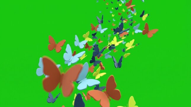 Colorful 3D butterflies flying on green screen background