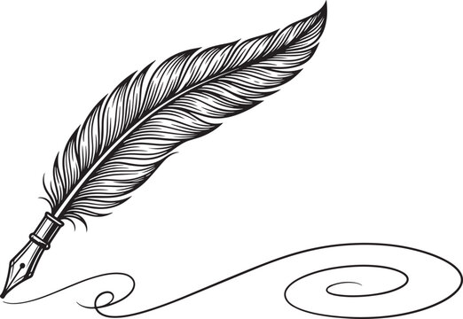 Vintage feather quill pen sketching a black ink swirl line on white background