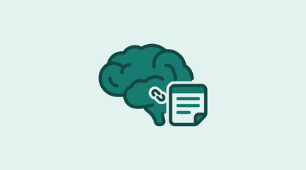 Green brain icon with a document and a link symbol representing knowledge management, information storage, or data connection © PIXJS