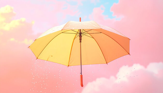 Open umbrella with raindrops falling upward toward lemon yellow sky in minimalist pastel scene generative AI