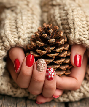 Holiday nails with pine close-up in cozy setting