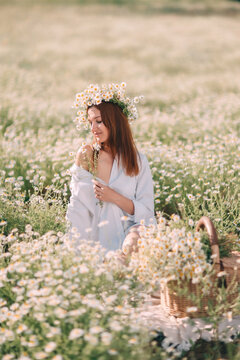 Summer picnic relaxation featuring young woman wearing daisy wreath in blooming meadow