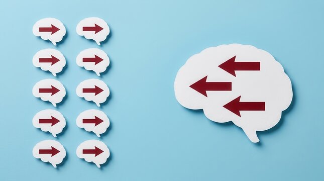 Concept of Thinking Differently and Non-Conformity with Brain Cutouts and Arrows on Blue Background