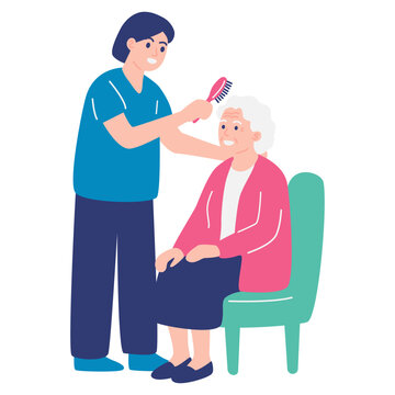 Nurse combing hair of senior woman in chair, elderly home care and personal hygiene concept