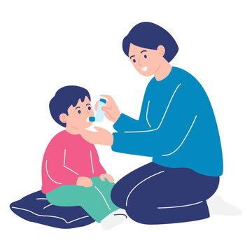 Mother helping little boy use inhaler, child asthma treatment and respiratory care concept