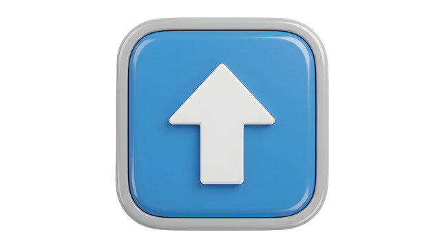 Rounded blue button with a glossy finish featuring a bold white upward-pointing arrow icon, isolated on a transparent background featuring up arrow