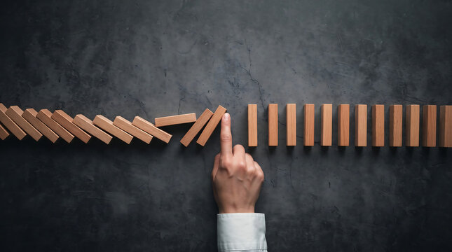 Finger stopping falling wooden domino blocks to prevent crisis and business risk management failure