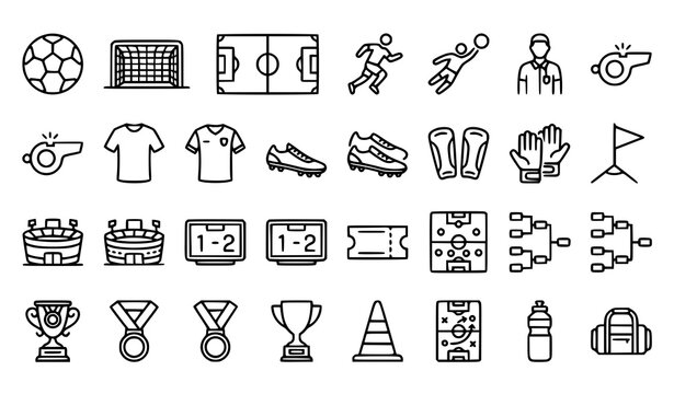 Football and soccer editable stroke line icon set featuring matches sports equipment stadium tournaments championship trophies player training coaching and competition