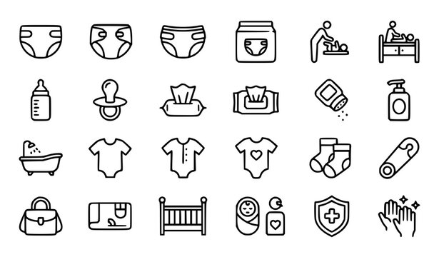 Baby diaper and infant care editable stroke line icon set featuring nappies newborn hygiene changing essentials baby products childcare and parenting symbols