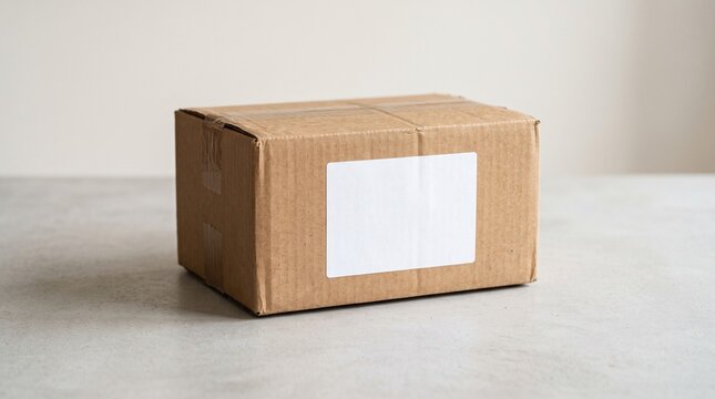 Cardboard delivery box with blank white label on a neutral studio surface