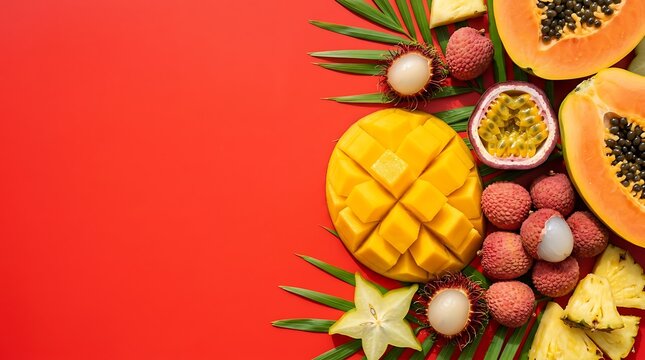 Fresh tropical fruit platter with sliced mango and lychees and passion fruit and starfruit on vibrant red background for healthy eating and summer snack concept photography and food blogging