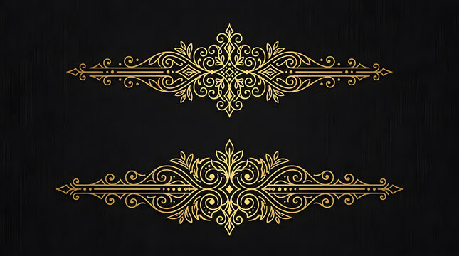 Golden ornamental dividers, elegant decorative elements, luxury design accents, ornate flourishes set isolated on White Background