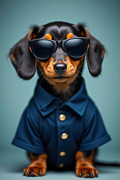 Portrait of a cool miniature dachshund dog wearing a blue uniform and sunglasses on a blue background