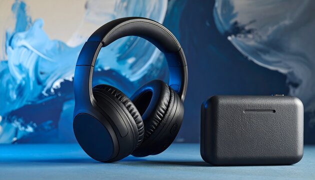 Auriculares inal&aacute;mbricos y altavoz port&aacute;til sobre superficie oscura con fondo abstracto en tonos azules