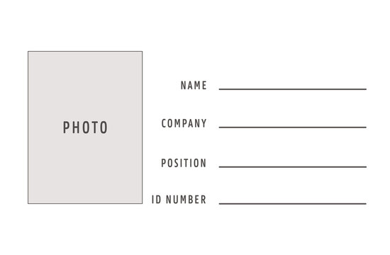 Clean horizontal CR80 employee ID card template with photo placeholder and fields for name, company, position and ID number. Minimal corporate identification design.