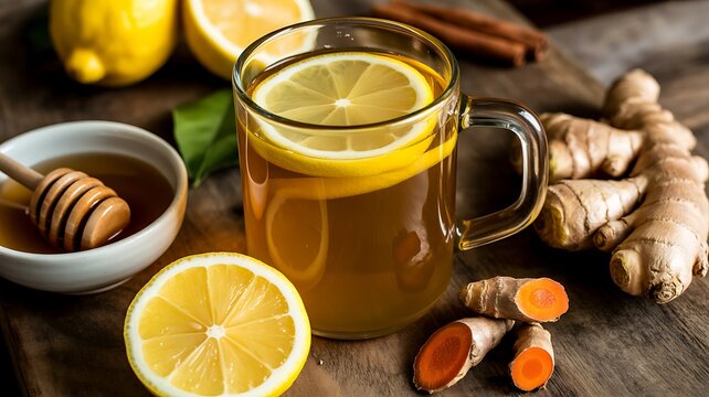 Warm ginger tea with lemon, honey, and turmeric ingredients