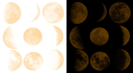 Vintage moon phases illustration set, golden lunar cycle icons on black and white backgrounds, celestial astronomy graphics for mystical design © Emran