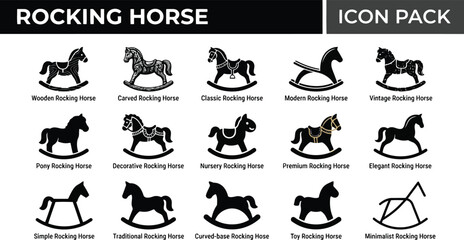 Fototapeta premium Rocking horse icon set. Collection of vintage and modern toy horse silhouettes.