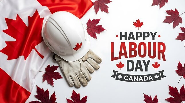 Happy labour day canada with hard hat and maple leaves