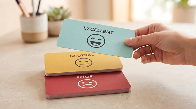 Hand holding excellent feedback card with neutral and poor rating options on wooden table
