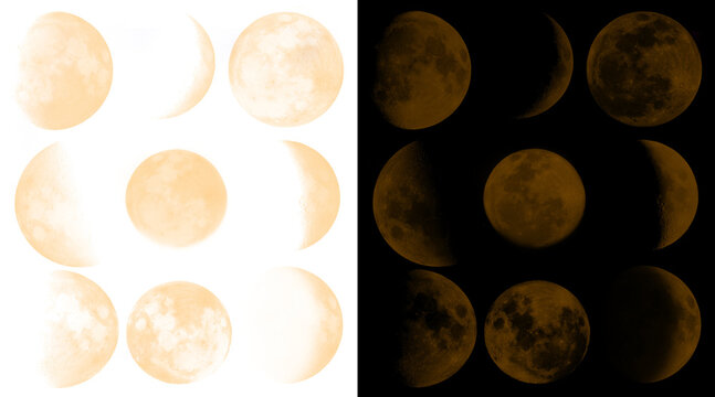 Vintage moon phases illustration set, golden lunar cycle icons on black and white backgrounds, celestial astronomy graphics for mystical design