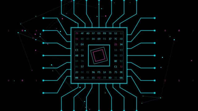 Cloud Computing Microchip with Encrypted Binary Code and Cyber Security Data Flow Animation