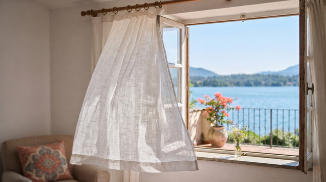 Gentle breeze blowing sheer curtains through an open window with lake view
