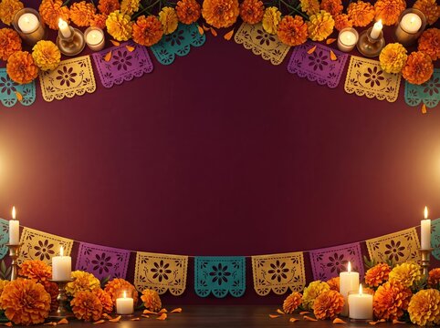 Day of the dead website banner background with papel picado marigolds candles and empty text space for web design