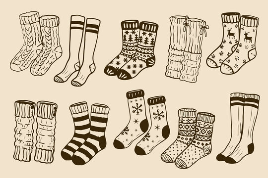 Hand drawn winter socks and leg warmers set featuring knitted socks, striped socks, snowflake and reindeer patterns, thermal socks, knee-high socks and cozy gaiters in vintage line art style.