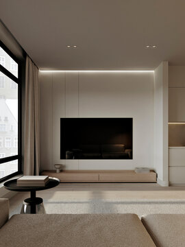 Modern minimalist living room with wall mounted television, warm wood accents, soft neutral furnishings and ambient lighting in an elegant contemporary apartment.
