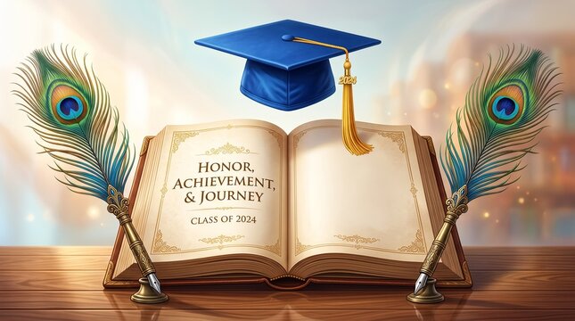 Graduation cap sits atop an open antique book flanked by two ornate peacock feathers on a polished wooden desk, symbolizing the academic journey and scholarly achievements of the class of 2024.