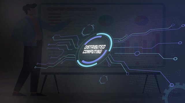 Distributed Computing Processing Digital Information Across a Futuristic Technology Interface with Connected Nodes.