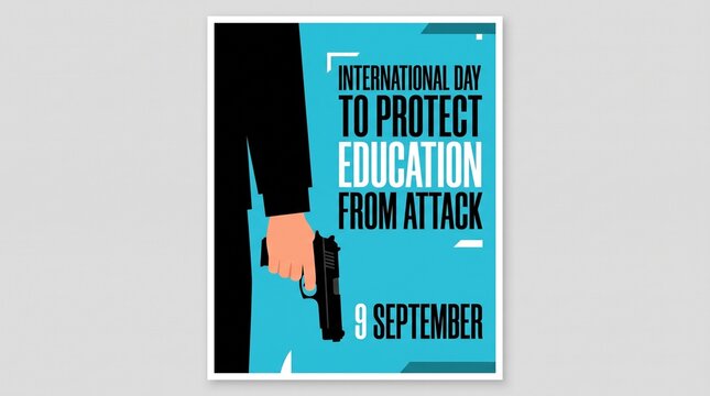 Businessman holding a firearm stands before a poster promoting the International Day to Protect Education from Attack, highlighting a serious global concern regarding safety in learning environments.