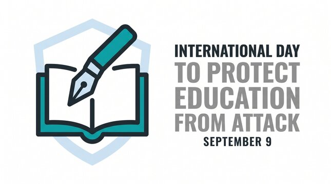 Fountain pen writing in an open book sits inside a protective shield for the International Day to Protect Education from Attack.