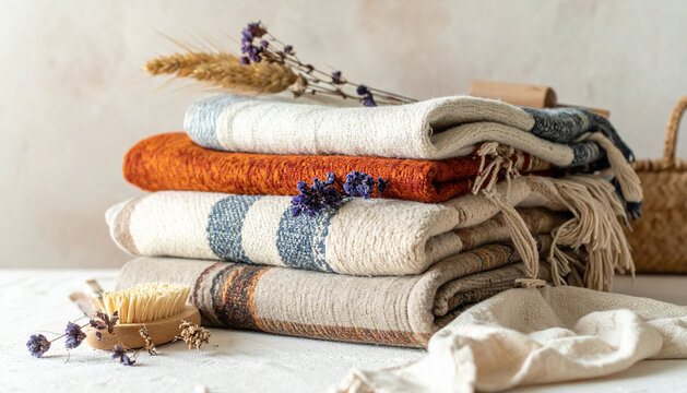 Stack of folded handwoven textiles in earthy stripes resting in soft diffused daylight generative AI