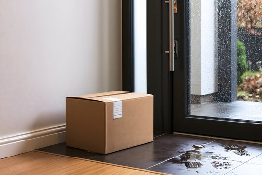 Paket vor einer Haust&uuml;r als Symbol f&uuml;r Lieferung und Onlinehandel