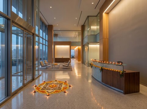 Diwali decorated corporate office lobby with rangoli and diyas for holiday background banner and interior event design