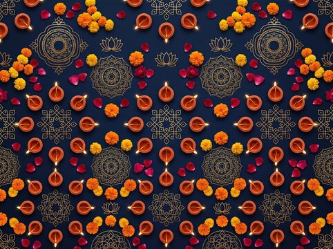 Seamless diwali decorative pattern with diyas marigolds and gold rangoli motifs on dark blue background for holiday wallpaper and festival banner