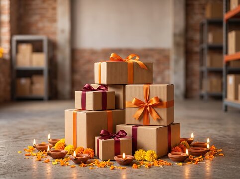 Diwali gifting delivery concept with stacked gift boxes surrounded by diyas marigold flowers and petals for holiday packaging background and e commerce banner
