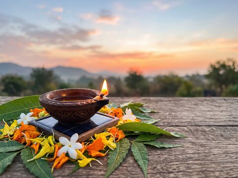 Solar diya on leaves with flowers at sunrise for diwali outdoor eco celebration and natural background design
