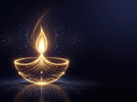 Golden digital diya glowing with circuitry and light trails for diwali festival background and banner design