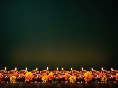 Row of lit clay diyas and marigold flowers on dark green background for diwali festival banner background and holiday decoration