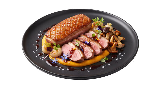 Roasted duck breast with crispy skin, sliced magret de canard on orange puree, gourmet poultry dish with mushrooms and sauce isolated PNG with Transparent Background