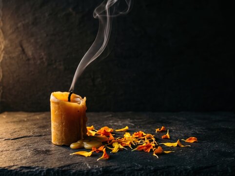 Extinguished beeswax candle with curling smoke and scattered marigold petals on dark stone surface for moody background and still life composition