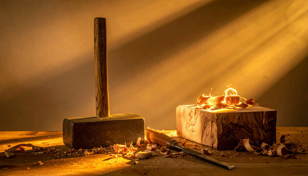 Mallet and chisel resting beside partly carved wooden block in moody workshop light generative AI