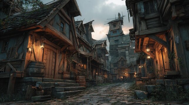 Medieval village street features timber-framed houses and stone pathways illuminated by warm lantern light during a dim twilight hour, creating an immersive historical setting for storytelling.